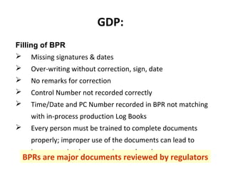 GDP:
Filling of BPR
 Missing signatures & dates
     Over-writing without correction, sign, date
     No remarks for correction
     Control Number not recorded correctly
     Time/Date and PC Number recorded in BPR not matching
      with in-process production Log Books
     Every person must be trained to complete documents
      properly; improper use of the documents can lead to
      inaccurate, inadequate or incomplete documents
    BPRs are major documents reviewed by regulators
 