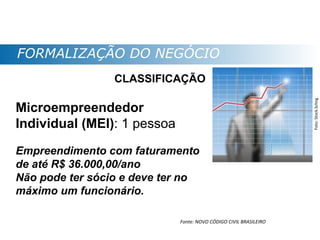 FORMALIZAÇÃO DO NEGÓCIO
                 CLASSIFICAÇÃO




                                                                   Foto: Stock.Schng
Microempreendedor
Individual (MEI): 1 pessoa
Empreendimento com faturamento
de até R$ 36.000,00/ano
Não pode ter sócio e deve ter no
máximo um funcionário.

                             Fonte: NOVO CÓDIGO CIVIL BRASILEIRO
 