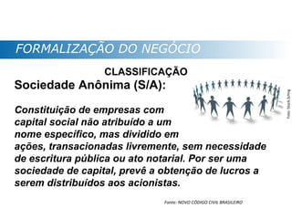 FORMALIZAÇÃO DO NEGÓCIO
                 CLASSIFICAÇÃO
Sociedade Anônima (S/A):




                                                                   Foto: Stock.Schng
Constituição de empresas com
capital social não atribuído a um
nome específico, mas dividido em
ações, transacionadas livremente, sem necessidade
de escritura pública ou ato notarial. Por ser uma
sociedade de capital, prevê a obtenção de lucros a
serem distribuídos aos acionistas.
                             Fonte: NOVO CÓDIGO CIVIL BRASILEIRO
 
