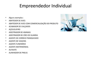 Empreendedor Individual

•   Alguns exemplos :
•   ABATEDOR DE AVES
•   ABATEDOR DE AVES COM COMERCIALIZAÇÃO DO PRODUTO
•   ACABADOR DE CALÇADOS
•   AÇOUGUEIRO
•   ADESTRADOR DE ANIMAIS
•   ADESTRADOR DE CÃES DE GUARDA
•   AGENTE DE CORREIO FRANQUEADO
•   AGENTE DE VIAGENS
•   AGENTE FUNERÁRIO
•   AGENTE MATRIMONIAL
•   ALFAIATE
•   ALINHADOR DE PNEUS
 