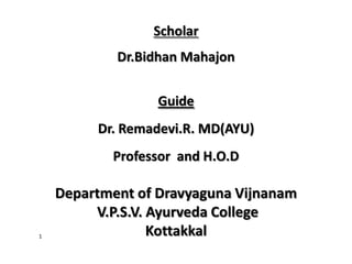 Scholar
Dr.Bidhan Mahajon
Guide

Dr. Remadevi.R. MD(AYU)
Professor and H.O.D

1

Department of Dravyaguna Vijnanam
V.P.S.V. Ayurveda College
Kottakkal

 