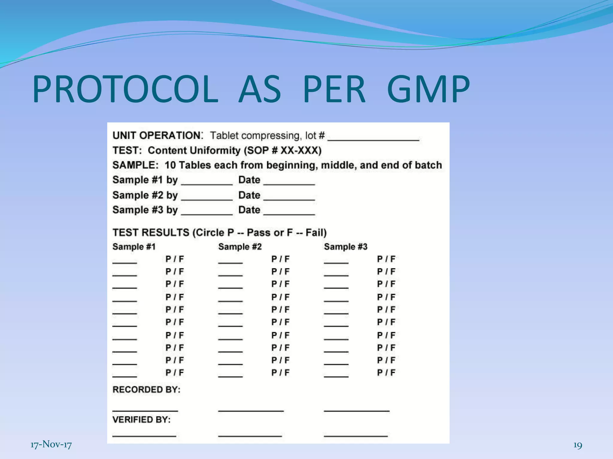 PROTOCOL AS PER GMP
17-Nov-17 19
 