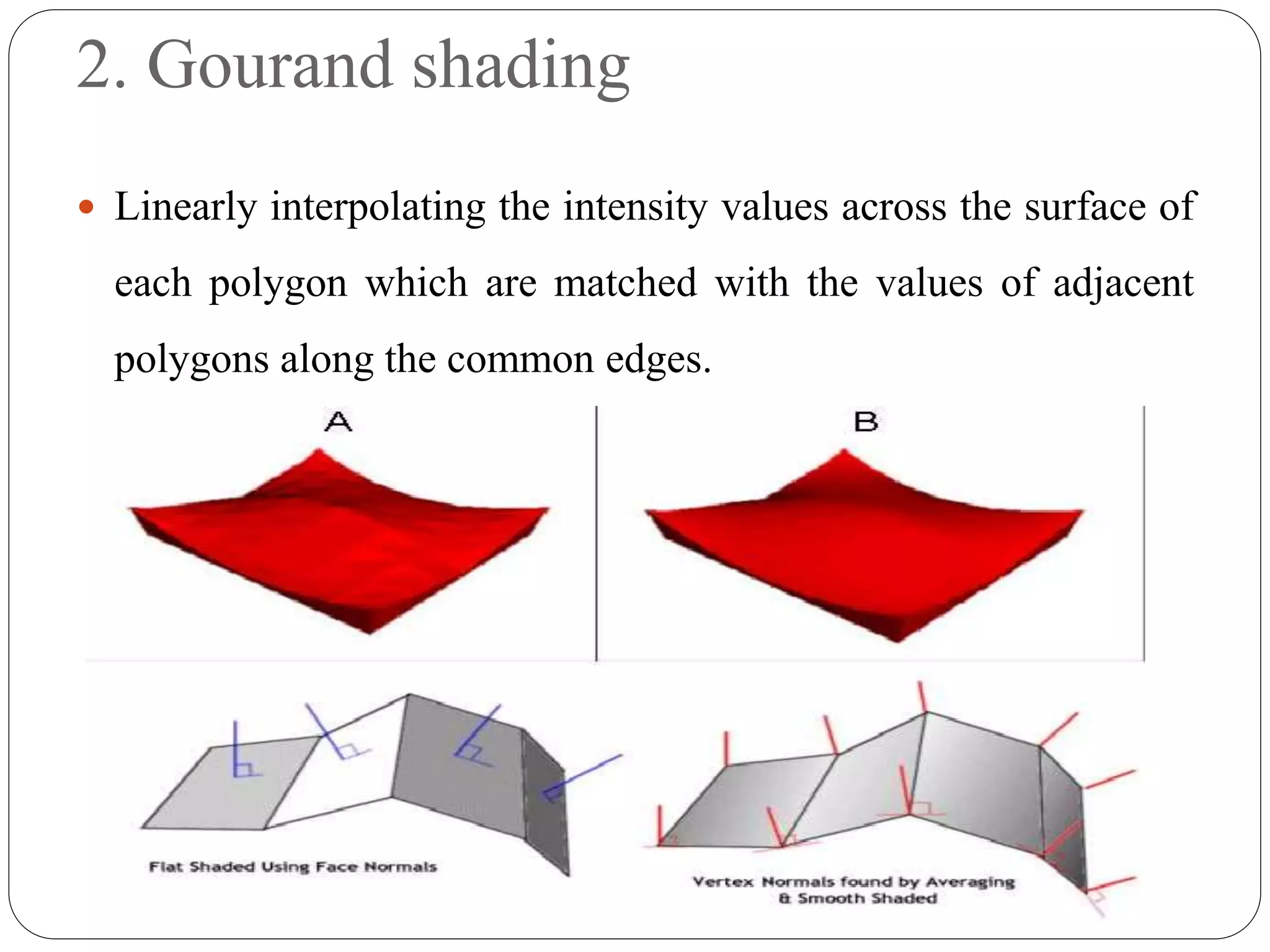 2. Gourand shading
 Linearly interpolating the intensity values across the surface of
each polygon which are matched with the values of adjacent
polygons along the common edges.
 