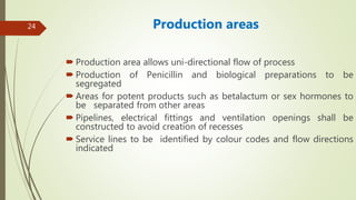24 Production areas
 Production area allows uni-directional flow of process
 Production of Penicillin and biological preparations to be
segregated
 Areas for potent products such as betalactum or sex hormones to
be separated from other areas
 Pipelines, electrical fittings and ventilation openings shall be
constructed to avoid creation of recesses
 Service lines to be identified by colour codes and flow directions
indicated
 