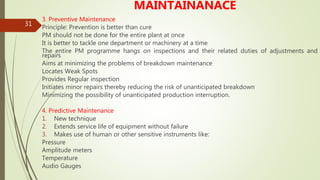 31
MAINTAINANACE
3. Preventive Maintenance
Principle: Prevention is better than cure
PM should not be done for the entire plant at once
It is better to tackle one department or machinery at a time
The entire PM programme hangs on inspections and their related duties of adjustments and
repairs
Aims at minimizing the problems of breakdown maintenance
Locates Weak Spots
Provides Regular inspection
Initiates minor repairs thereby reducing the risk of unanticipated breakdown
Minimizing the possibility of unanticipated production interruption.
4. Predictive Maintenance
1. New technique
2. Extends service life of equipment without failure
3. Makes use of human or other sensitive instruments like:
Pressure
Amplitude meters
Temperature
Audio Gauges
 
