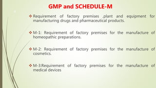 4
GMP and SCHEDULE-M
 Requirement of factory premises ,plant and equipment for
manufacturing drugs and pharmaceutical products.
 M-1: Requirement of factory premises for the manufacture of
homeopathic preparations.
 M-2: Requirement of factory premises for the manufacture of
cosmetics.
 M-3:Requirement of factory premises for the manufacture of
medical devices
 