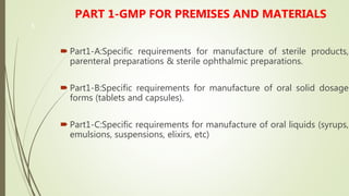 5
PART 1-GMP FOR PREMISES AND MATERIALS
 Part1-A:Specific requirements for manufacture of sterile products,
parenteral preparations & sterile ophthalmic preparations.
 Part1-B:Specific requirements for manufacture of oral solid dosage
forms (tablets and capsules).
 Part1-C:Specific requirements for manufacture of oral liquids (syrups,
emulsions, suspensions, elixirs, etc)
 