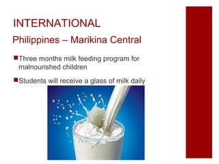 INTERNATIONAL
Philippines – Marikina Central
Three months milk feeding program for
malnourished children
Students will receive a glass of milk daily

 