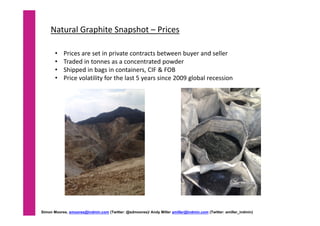 Natural Graphite Snapshot – Prices 
• Prices are set in private contracts between buyer and seller
• Traded in tonnes as a concentrated powder 
• Shipped in bags in containers, CIF & FOB 
• Price volatility for the last 5 years since 2009 global recession 
Simon Moores, smoores@indmin.com (Twitter: @sdmoores)/ Andy Miller amiller@indmin.com (Twitter: amiller_indmin)
 