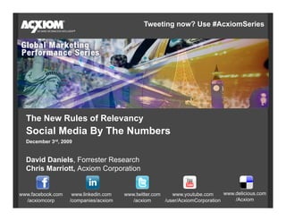 Tweeting now? Use #AcxiomSeries




  The New Rules of Relevancy
  Social Media By The Numbers
  December 3rd, 2009


  David Daniels, Forrester Research
  Chris Marriott, Acxiom Corporation


www.facebook.com    www.linkedin.com   www.twitter.com    www.youtube.com      www.delicious.com
  /acxiomcorp      /companies/acxiom      /acxiom      /user/AcxiomCorporation     /Acxiom
 