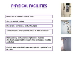 No access to rodents, insects, birds
Smooth walls & ceiling
Doors to be self-closing and without gap
There shouldn't be any visible cracks in walls and floors
Manufacturing and warehousing facilities must be
structurally separated from each other and access must be
controlled
Ceiling, walls, overhead pipes & equipment in general must
be clean
 