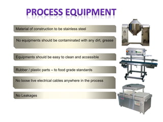 Material of construction to be stainless steel
No equipments should be contaminated with any dirt, grease
Equipments should be easy to clean and accessible
Rubber / plastic parts – to food grade standards
No loose live electrical cables anywhere in the process
No Leakages
 