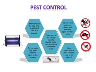 There should
not be any
rodents,
lizards, birds,
cats inside the
production
room
Do not keep
open any
doors and
shutters
open for their
entry
Plant should
be free form
any kind of
pest and
insects
Do not keep
any food
material
open in the
process
Only
Mechanical
bait stations
are to be
placed
 