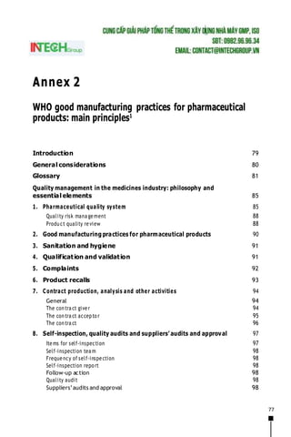 77
Annex 2
WHO good manufacturing practices for pharmaceutical
products: main principles1
Introduction 79
General considerations 80
Glossary 81
Quality management in the medicines industry: philosophy and
essential elements 85
1. Pharmaceutical quality system 85
Quality risk mana gement 88
Product quality review 88
2. Good manufacturing practices for pharmaceutical products 90
3. Sanitation and hygiene 91
4. Qualification and validation 91
5. Complaints 92
6. Product recalls 93
7. Contract production, analysis and other activities 94
General 94
The contra ct giver 94
The contra ct accepto r 95
The contra ct 96
8. Self-inspection, quality audits and suppliers’ audits and approval 97
Items for self-inspection 97
Self-inspection tea m 98
Frequency of self-inspection 98
Self-inspection repo rt 98
Follow-up action 98
Quality audit 98
Suppliers’audits and approval 98
 