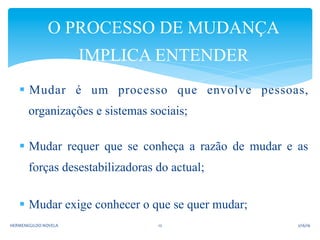 §  Mudar é um processo que envolve pessoas,
organizações e sistemas sociais;
§  Mudar requer que se conheça a razão de mudar e as
forças desestabilizadoras do actual;
§  Mudar exige conhecer o que se quer mudar;
O PROCESSO DE MUDANÇA
IMPLICA ENTENDER
2/16/16	
  HERMENEGILDO	
  NOVELA	
   12	
  
 