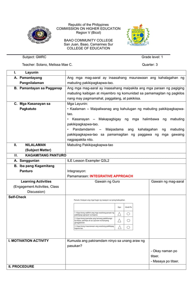 Detailed Lesson Plan in GMRC Grade 1 - MATATAG | DOCX