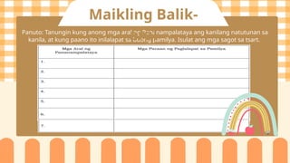 Panuto: Tanungin kung anong mga aral ng Pananampalataya ang kanilang natutunan sa
kanila, at kung paano ito inilalapat sa buong pamilya. Isulat ang mga sagot sa tsart.
Maikling Balik-
aral
 