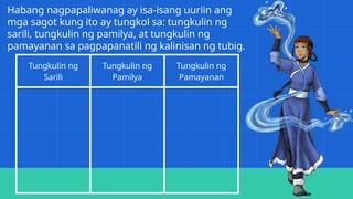 Habang nagpapaliwanag ay isa-isang uuriin ang
mga sagot kung ito ay tungkol sa: tungkulin ng
sarili, tungkulin ng pamilya, at tungkulin ng
pamayanan sa pagpapanatili ng kalinisan ng tubig.
Tungkulin ng
Sarili
Tungkulin ng
Pamilya
Tungkulin ng
Pamayanan
 