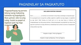Pagpapahayag ng panata
bilang isang mabuting
katiwala ng kapaligiran,
likas yaman, lalo na ang
tubig. Isulat sa papel at
lagdaan pati ng mga
magulang.
PAGNINILAY SA PAGKATUTO
 