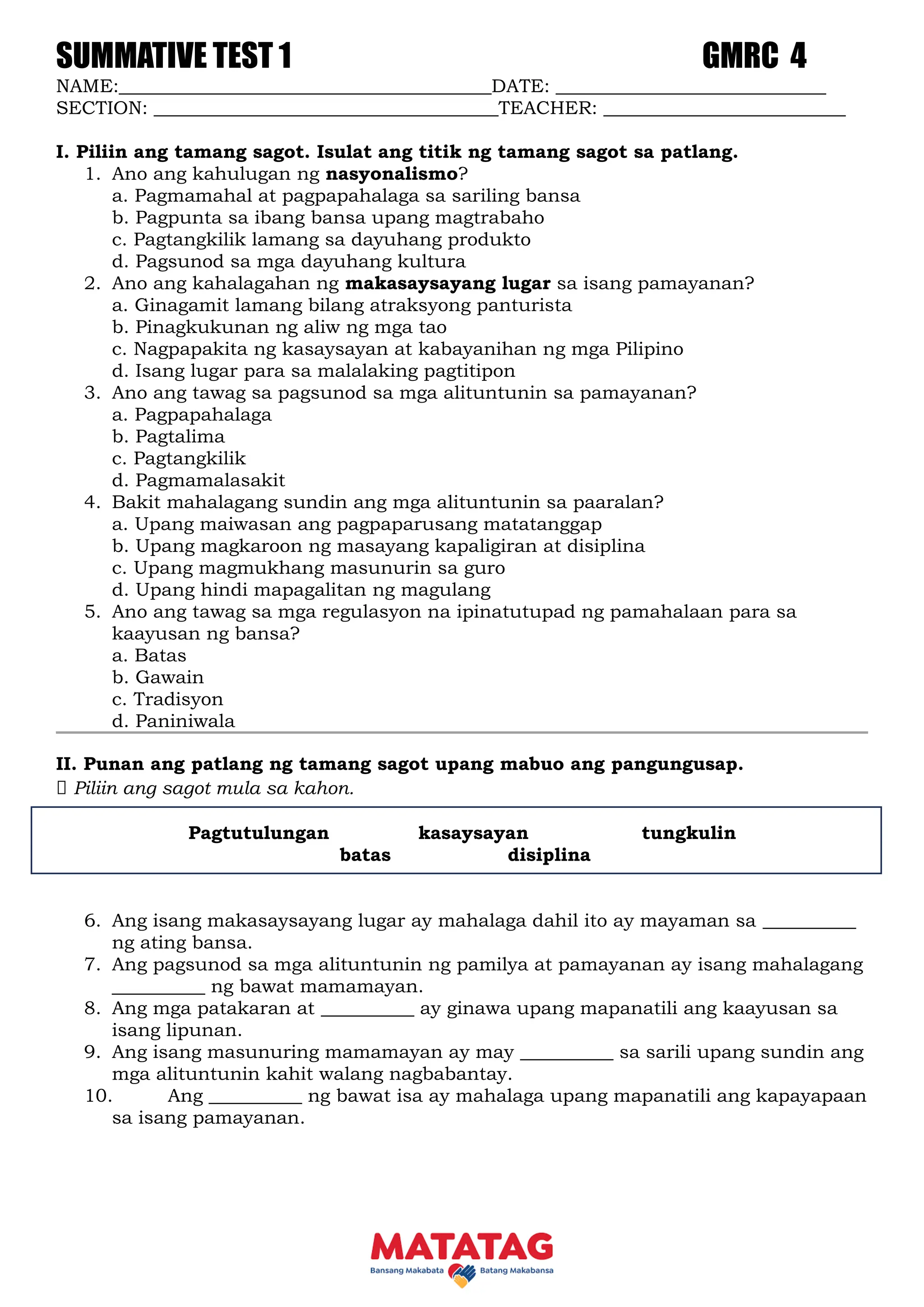 GMRC 4 SUMMATIVE 4th quarter Week 1 and 2 | DOCX