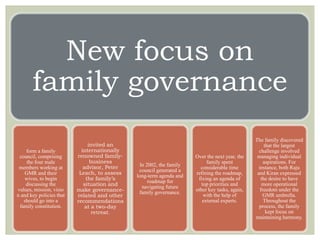 New focus on
family governance
form a family
council, comprising
the four male
members working at
GMR and their
wives, to begin
discussing the
values, mission, visio
n and key policies that
should go into a
family constitution.
invited an
internationally
renowned family-
business
advisor, Peter
Leach, to assess
the family’s
situation and
make governance-
related and other
recommendations
at a two-day
retreat.
In 2002, the family
council generated a
long-term agenda and
roadmap for
navigating future
family governance.
Over the next year, the
family spent
considerable time
refining the roadmap,
fixing an agenda of
top priorities and
other key tasks, again,
with the help of
external experts.
The family discovered
that the largest
challenge involved
managing individual
aspirations. For
instance, both Raju
and Kiran expressed
the desire to have
more operational
freedom under the
GMR umbrella.
Throughout the
process, the family
kept focus on
maintaining harmony.
 