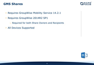 INTERNAL COMPANY CONFIDENTIAL
• Requires GroupWise Mobility Service 14.2.1
• Requires GroupWise 2014R2 SP1
– Required for both Share Owners and Recipients
• All Devices Supported
4
GMS Shares
 