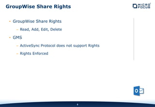 INTERNAL COMPANY CONFIDENTIAL
• GroupWise Share Rights
– Read, Add, Edit, Delete
• GMS
– ActiveSync Protocol does not support Rights
– Rights Enforced
9
GroupWise Share Rights
 