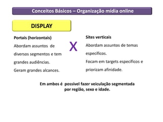 Conceitos Básicos – Organização mídia online

         DISPLAY
Portais (horizontais)               Sites verticais
Abordam assuntos de
diversos segmentos e tem
                            x       Abordam assuntos de temas
                                    específicos.
grandes audiências.                 Focam em targets específicos e
Geram grandes alcances.             priorizam afinidade.


              Em ambos é possível fazer veiculação segmentada
                         por região, sexo e idade.
 