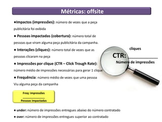 Métricas: offsite
●Impactos (impressões): número de vezes que a peça
publicitária foi exibida
● Pessoas impactadas (cobertura): número total de
pessoas que viram alguma peça publicitária da campanha.
● Interações (cliques): número total de vezes que as                   cliques
pessoas clicaram na peça                                        CTR: _______________
● Impressões por clique (CTR – Click Trough Rate):               Número de impressões
número médio de impressões necessárias para gerar 1 clique
● Frequência: número médio de vezes que uma pessoa
Viu alguma peça da campanha

      Freq: impressões
      ______________
     Pessoas impactadas


● under: número de impressões entregues abaixo do número contratado
● over: número de impressões entregues superior ao contratado
 