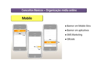 Conceitos Básicos – Organização mídia online
Mobile
● Banner em Mobile Sites
● Banner em aplicativos
● SMS Marketing
● QRcode
 