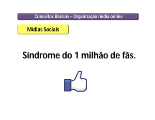 Conceitos Básicos – Organização mídia online
Mídias Sociais
Síndrome do 1 milhão de fãs.
 