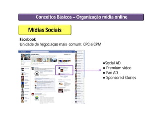 Conceitos Básicos – Organização mídia online
Mídias Sociais
Facebook
Unidade de negociação mais comum: CPC e CPM
●Social AD
● Premium video
● Fan AD
● Sponsored Stories
 