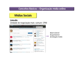 Conceitos Básicos – Organização mídia online
Mídias Sociais
LinkedIn
Unidade de negociação mais comum: CPM
●barra lateral
●superbanner
●retângulo médio
 