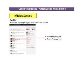 Conceitos Básicos – Organização mídia online
Mídias Sociais
Twitter
Unidade de negociação mais comum: diária
● Trend Promoted
● Posts Promovidos
 
