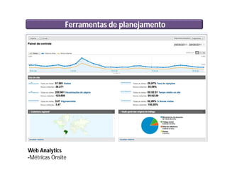 Ferramentas de planejamento
Web Analytics
-Métricas Onsite
 