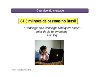 Overview do mercado
“Tecnologia só é tecnologia para quem nasceu
antes de ela ser inventada”
Alan Kay
84,5 milhões de pessoas no Brasil
Fonte: Fnazca-DataFolha/2012
 