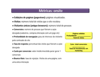 ● Exibições de páginas (pageviews): páginas visualizadas.
● Visitas: número total de visitas que o site recebeu
● Visitantes únicos (unique browsers): número total de pessoas
● Conversões: número de pessoas que fizeram a ação
desejada (cadastros, compras,interação com um jogo etc)
● Profundidade de navegação: grau de interesse do visitante
pelo conteúdo do site
● Taxa de resposta: percentual das visitas que fizeram a ação
desejada
● Custo por conversão: valor médio investido parar gerar 1
conversão
● Bounce Rate: taxa de rejeição. Visitas de uma página, sem
uma única interação
Métricas: onsite
Páginas exibidas
Profundidade: _______________
Total de visitas
Conv.: total conversões
______________
Total de investimento em
marketing
 