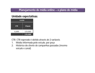 Planejamento de mídia online – o plano de mídia
Unidade expectativas:
CTR: CTR esperado é obtido através de 2 variáveis
1. Média informada pelo veículo, por peça
2. Histórico do cliente de campanhas passadas (mesmo
veículo e canal)
 