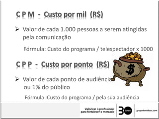 C P M - Custo por mil (R$)
 Valor de cada 1.000 pessoas a serem atingidas
pela comunicação
C P P - Custo por ponto (R$)
 Valor de cada ponto de audiência
ou 1% do público
Fórmula: Custo do programa / telespectador x 1000
Fórmula :Custo do programa / pela sua audiência
 