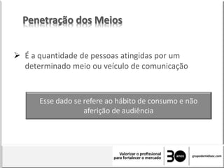 Penetração dos Meios
 É a quantidade de pessoas atingidas por um
determinado meio ou veículo de comunicação
Esse dado se refere ao hábito de consumo e não
aferição de audiência
 