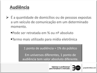 Audiência
1 ponto de audiência = 1% do público
Em universos diferentes, 1 ponto de
audiência tem valor absoluto diferente.
 É a quantidade de domicílios ou de pessoas expostas
a um veículo de comunicação em um determinado
momento.
Pode ser retratada em % ou nº absoluto
Termo mais utilizado para mídia eletrônica
 