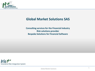 Global Market Solutions SAS
Consulting services for the Financial Industry
Risk solutions provider
Bespoke Solutions for Financial Software
1
Global Market Solutions
 