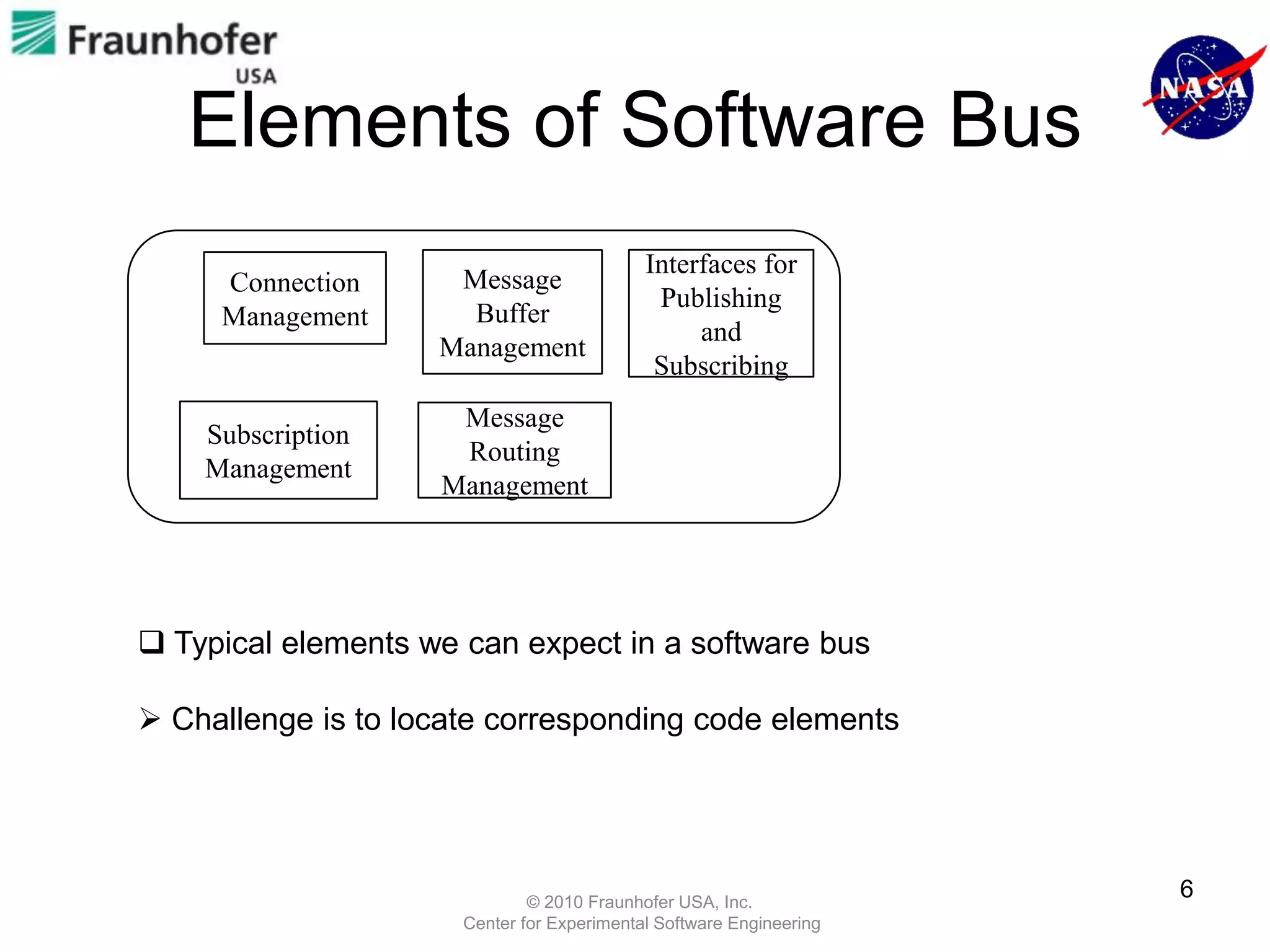 Elements of Software Bus
                                            Interfaces for
     Connection      Message
                                             Publishing
     Management       Buffer
                                                 and
                    Management
                                             Subscribing
                     Message
    Subscription
                     Routing
    Management
                    Management




 Typical elements we can expect in a software bus

 Challenge is to locate corresponding code elements




                              © 2010 Fraunhofer USA, Inc.
                                                                     6
                      Center for Experimental Software Engineering
 