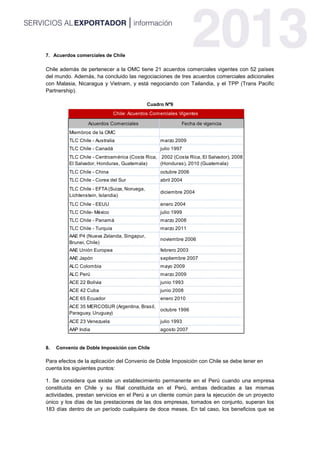 Acuerdos Comerciales Fecha de vigencia
Miembros de la OMC
TLC Chile - Australia marzo 2009
TLC Chile - Canadá julio 1997
TLC Chile - Centroamérica (Costa Rica,
El Salvador, Honduras, Guatemala)
2002 (Costa Rica, El Salvador), 2008
(Honduras), 2010 (Guatemala)
TLC Chile - China octubre 2006
TLC Chile - Corea del Sur abril 2004
TLC Chile - EFTA (Suiza, Noruega,
Lichtenstein, Islandia)
diciembre 2004
TLC Chile - EEUU enero 2004
TLC Chile- México julio 1999
TLC Chile - Panamá marzo 2008
TLC Chile - Turquia marzo 2011
AAE P4 (Nueva Zelanda, Singapur,
Brunei, Chile)
noviembre 2006
AAE Unión Europea febrero 2003
AAE Japón septiembre 2007
ALC Colombia mayo 2009
ALC Perú marzo 2009
ACE 22 Bolivia junio 1993
ACE 42 Cuba junio 2008
ACE 65 Ecuador enero 2010
ACE 35 MERCOSUR (Argentina, Brasil,
Paraguay, Uruguay)
octubre 1996
ACE 23 Venezuela julio 1993
AAP India agosto 2007
Chile: Acuerdos Comerciales Vigentes
7. Acuerdos comerciales de Chile
Chile además de pertenecer a la OMC tiene 21 acuerdos comerciales vigentes con 52 países
del mundo. Además, ha concluido las negociaciones de tres acuerdos comerciales adicionales
con Malasia, Nicaragua y Vietnam, y está negociando con Tailandia, y el TPP (Trans Pacific
Partnership).
Cuadro Nº9
8. Convenio de Doble Imposición con Chile
Para efectos de la aplicación del Convenio de Doble Imposición con Chile se debe tener en
cuenta los siguientes puntos:
1. Se considera que existe un establecimiento permanente en el Perú cuando una empresa
constituida en Chile y su filial constituida en el Perú, ambas dedicadas a las mismas
actividades, prestan servicios en el Perú a un cliente común para la ejecución de un proyecto
único y los días de las prestaciones de las dos empresas, tomados en conjunto, superan los
183 días dentro de un período cualquiera de doce meses. En tal caso, los beneficios que se
 