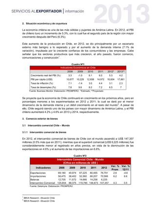 2. Situación económica y de coyuntura
La economía chilena es una de las más sólidas y pujantes de América Latina. En 2012, el PBI
de chileno tuvo un incremento de 5.3%, con lo cual fue el segundo país de la región con mayor
crecimiento después del Perú (6.3%).
Este aumento de la producción en Chile, en 2012, se dio principalmente por un escenario
externo más benigno a lo esperado y por el aumento de la demanda interna (7.1% de
variación), impulsada por la creciente confianza de los consumidores y las empresas. Cabe
señalar que los sectores productivos que más crecieron, el año pasado, fueron comercio,
comunicaciones y construcción
1
.
Cuadro Nº1
Indicadores Económicos en Chile
2008 2009 2010 2011 2012* 2013**
Crecimiento real del PBI (%) 3.3 -1.0 6.1 6.0 5.3 4.2
PBI per cápita (US$) 10,677 10,229 12,658 14,972 16,604 17,861
Tasa de inflación (%) 7.1 -1.4 3.0 4.4 3.1 2.3
Tasa de desempleo (%) 7.8 9.6 8.2 7.2 6.5 7
Fuente: Business Monitor. Elaboración: PROMPERÚ. *Estimado, **Proyectado
Se proyecta que la economía de Chile continuará en crecimiento en los próximos años, pero en
porcentajes menores a los experimentados en 2012 y 2011; lo cual se dará por el menor
dinamismo de la demanda interna y un débil crecimiento en el resto del mundo
2
. A pesar de
ello, Chile seguirá siendo uno de los países con mayor dinamismo de América Latina, y el PBI
chileno aumentará 4.2% y 4.6% en 2013 y 2014, respectivamente.
3. Comercio exterior de bienes
3.1 Intercambio comercial Chile – Mundo
3.1.1 Intercambio comercial de bienes
En 2012, el intercambio comercial de bienes de Chile con el mundo ascendió a US$ 147,357
millones (0.5% más que en 2011), mientras que el superávit comercial (US$ 6,225 millones) fue
considerablemente menor al registrado en años previos, en vista de la disminución de las
exportaciones en 4.6% y el aumento de las importaciones en 6.6%.
Cuadro Nº2
Fuente: Datamyne. Elaboración: PROMPERÚ
1
BBVA Research –Situación Chile
2
BBVA Research –Situación Chile
Indicadores 2008 2009 2010 2011 2012
Var. %
Prom
Var. %
12/11
Exportaciones 69,180 49,974 67,225 80,465 76,791 2.8 -4.6
Importaciones 56,475 38,402 52,560 66,207 70,566 6.2 6.6
Balanza 12,705 11,572 14,666 14,258 6,225
Intercambio Comercial 125,654 88,375 119,785 146,673 147,357 4.3 0.5
Intercambio Comercial Chile - Mundo
(Cifras en millones de US$ )
 