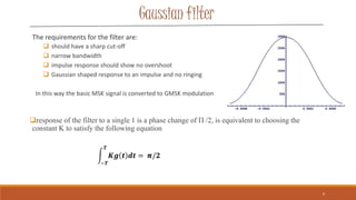 Gaussian filter
The requirements for the filter are:
 should have a sharp cut-off
 narrow bandwidth
 impulse response s...