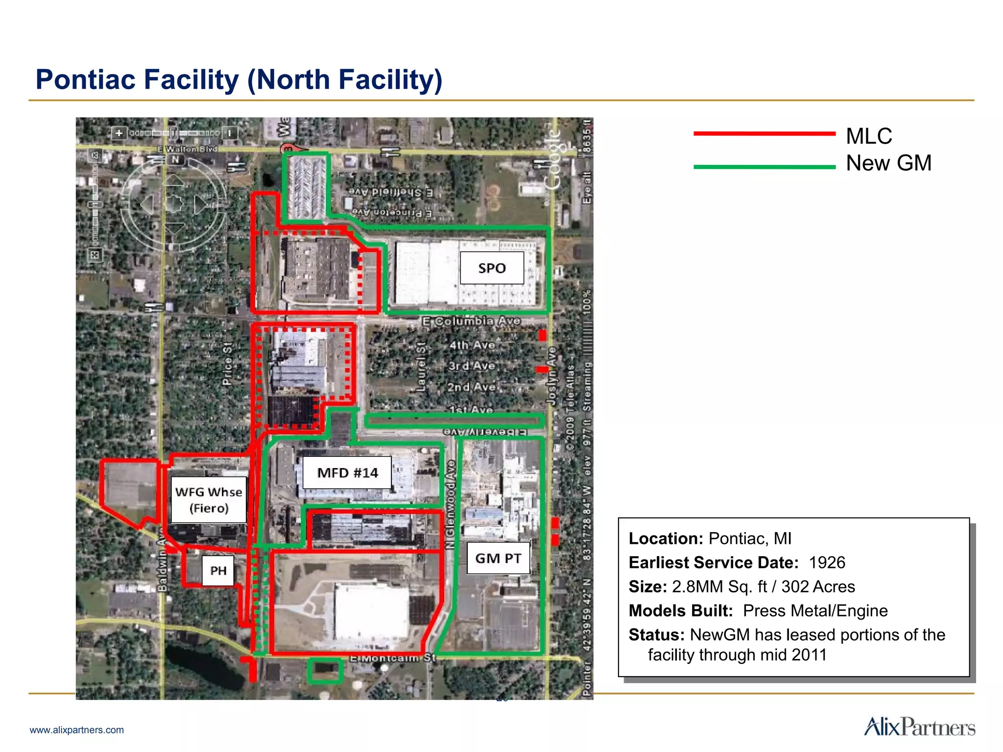 Pontiac Facility (North Facility)
15
20
www.alixpartners.com
Location: Pontiac, MI
Earliest Service Date: 1926
Size: 2.8MM Sq. ft / 302 Acres
Models Built: Press Metal/Engine
Status: NewGM has leased portions of the
facility through mid 2011
MLC
New GM