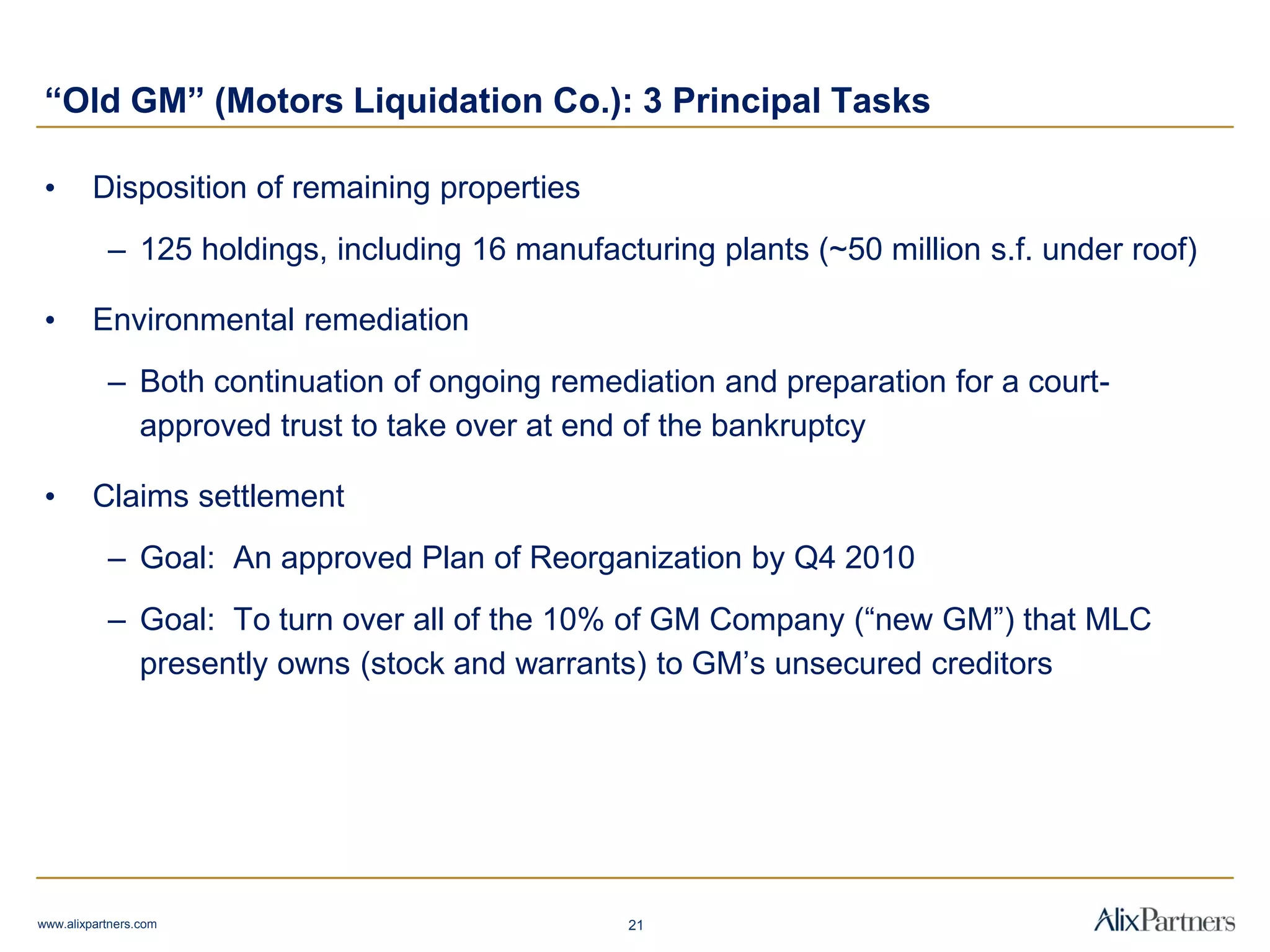 “Old GM” (Motors Liquidation Co.): 3 Principal Tasks
• Disposition of remaining properties
– 125 holdings, including 16 manufacturing plants (~50 million s.f. under roof)
• Environmental remediation
– Both continuation of ongoing remediation and preparation for a court-
approved trust to take over at end of the bankruptcy
• Claims settlement
– Goal: An approved Plan of Reorganization by Q4 2010
– Goal: To turn over all of the 10% of GM Company (“new GM”) that MLC
presently owns (stock and warrants) to GM’s unsecured creditors
1521www.alixpartners.com