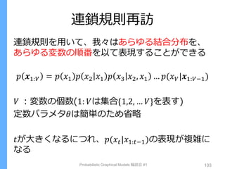 連鎖規則再訪
Probabilistic Graphical Models 輪読会 #1 103
連鎖規則を用いて、我々はあらゆる結合分布を、
あらゆる変数の順番を以て表現することができる
𝑝 𝒙1:𝑉 = 𝑝 𝑥1 𝑝 𝑥2 𝑥1 𝑝 𝑥3 𝑥2, 𝑥1 … 𝑝(𝑥 𝑉|𝒙1:𝑉−1)
𝑉 ：変数の個数(1: 𝑉は集合{1,2, … 𝑉}を表す)
定数パラメタ𝜃は簡単のため省略
𝑡が大きくなるにつれ、𝑝(𝑥 𝑡|𝑥1:𝑡−1)の表現が複雑に
なる
 