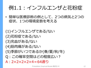 例1.1：インフルエンザと花粉症
• 簡単な医療診断の例として、2つの病気と2つの
症状、1つの環境変数を考える
(1)インフルエンザである/ない
(2)花粉症である/ない
(3)充血がある/ない
(4)筋肉痛がある/ない
(5)季節がいつであるか(春/夏/秋/冬)
Q：この確率空間はどの程度広い？
A：2×2×2×2×4＝64通り
Probabilistic Graphical Models 輪読会 #1 17
 